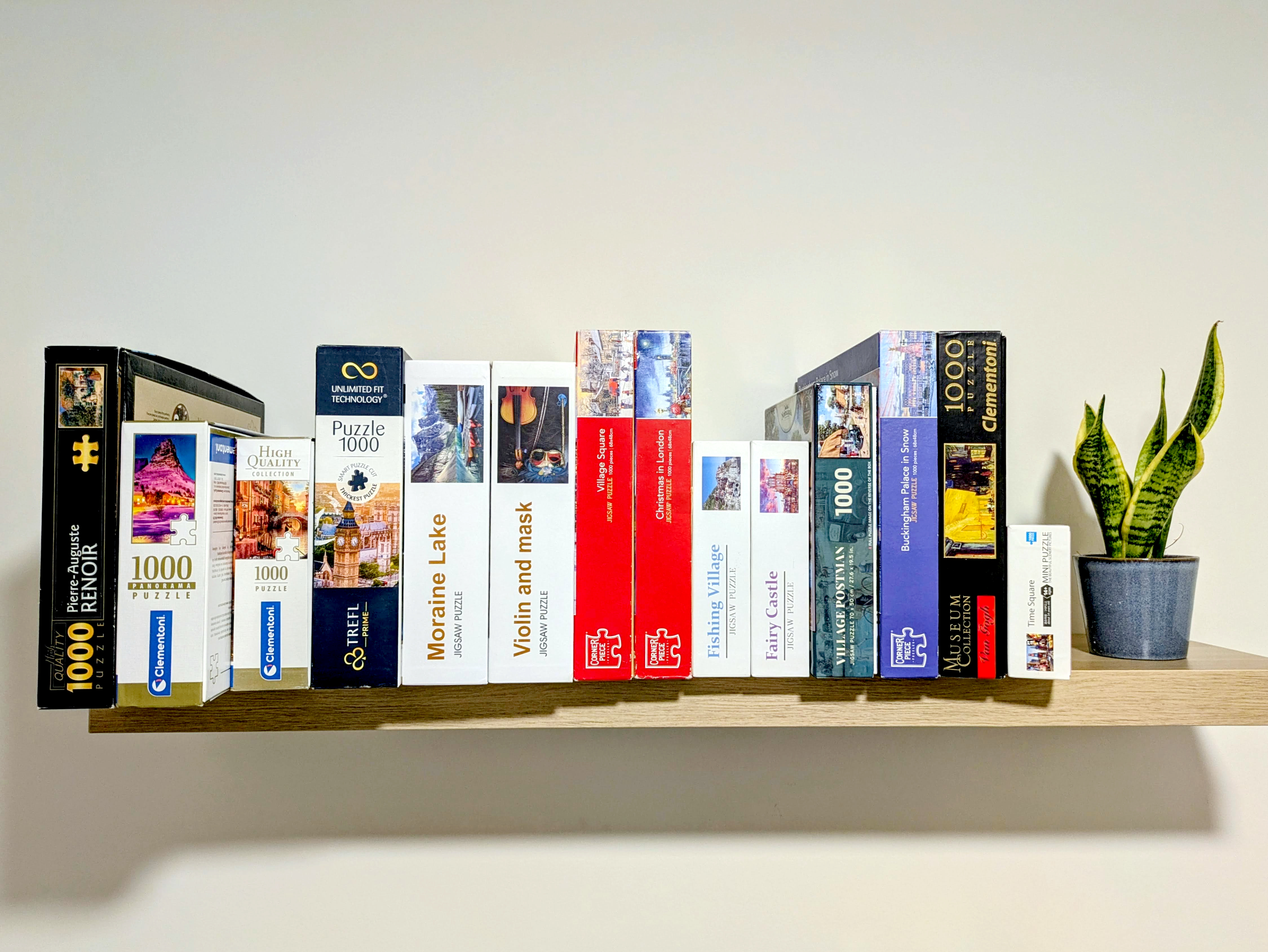 Real photograph of Masha's home puzzle shelf